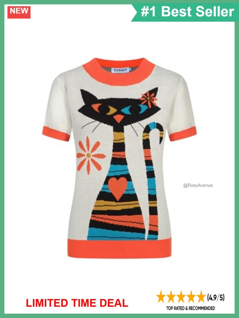 Women's Knitted Cotton Tee 1960s Mod Cat Crewneck Short Sleeve Top